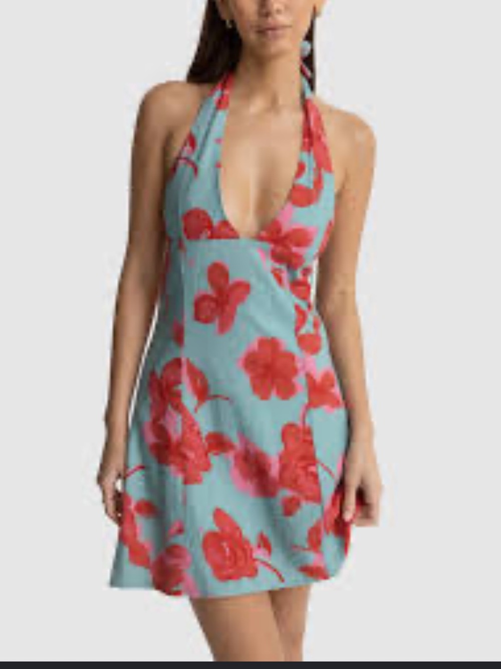 Rhythm | LIKE NEW Linen blend blue and pink floral halter mini dress size medium